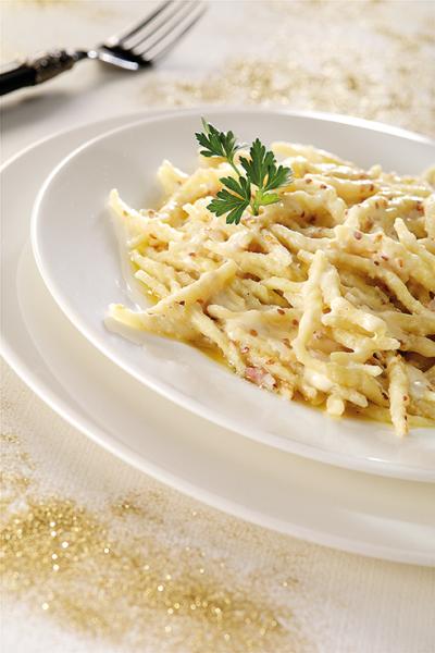 Trofie with sesame, pancetta and pecorino cheese