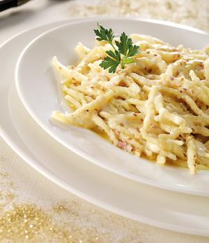 Trofie with sesame, pancetta and pecorino cheese