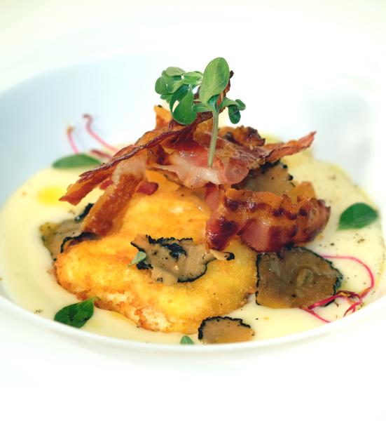 Crispy Egg, potato and fossa di sogliano cheese veloutè, truffle and pancetta
