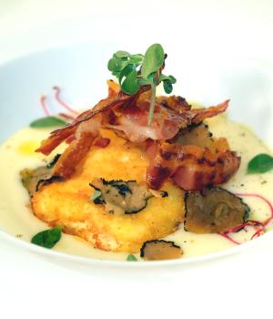 Crispy Egg, potato and fossa di sogliano cheese veloutè, truffle and pancetta