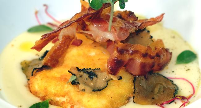Crispy Egg, potato and fossa di sogliano cheese veloutè, truffle and pancetta