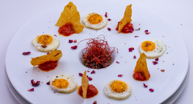 Quail eggs with tapenade and ‘Nduja