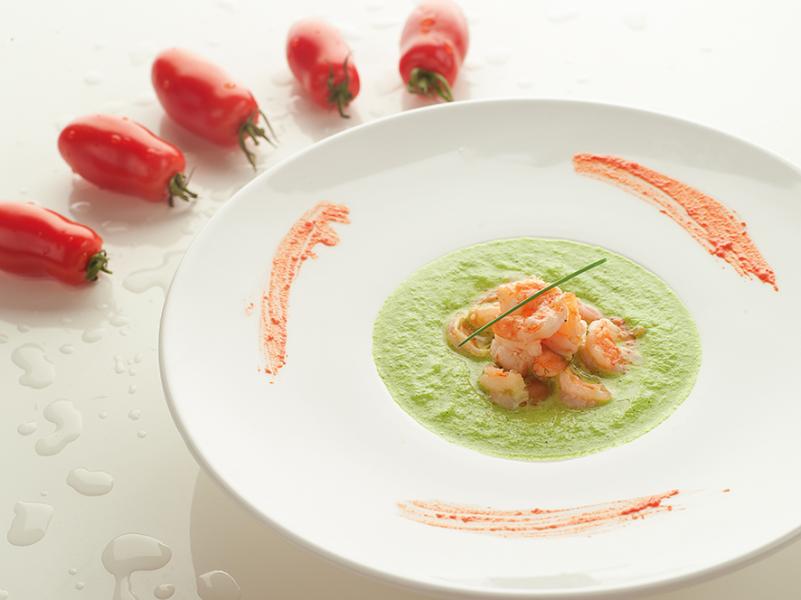 Vellutata di piselli e mazzancolle