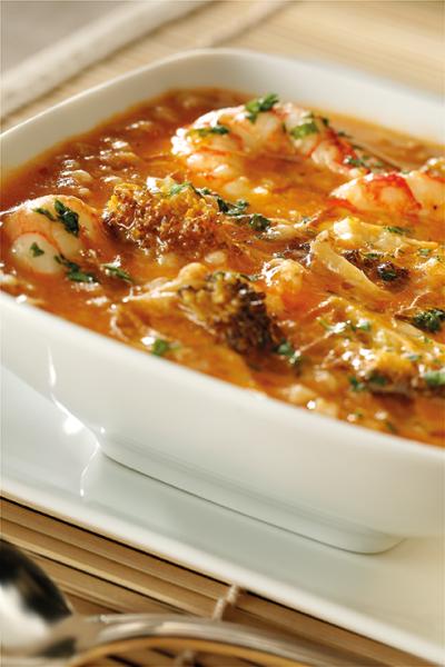 Zuppa di farro con broccoletti e code di gambero