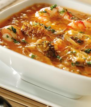 Zuppa di farro con broccoletti e code di gambero