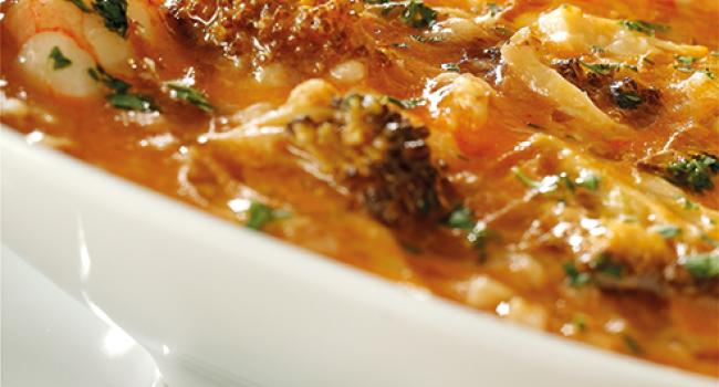 Zuppa di farro con broccoletti e code di gambero