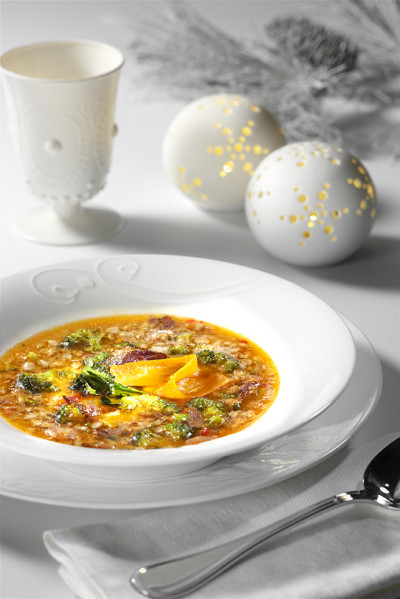 Farro soup with vegetables, guanciale and christmas broccoli