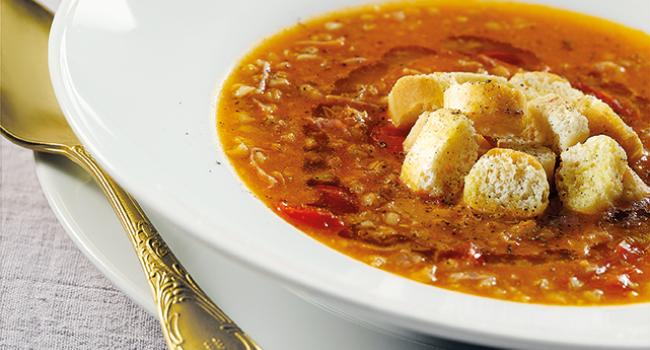 Zuppa di farro con prosciutto e crostini
